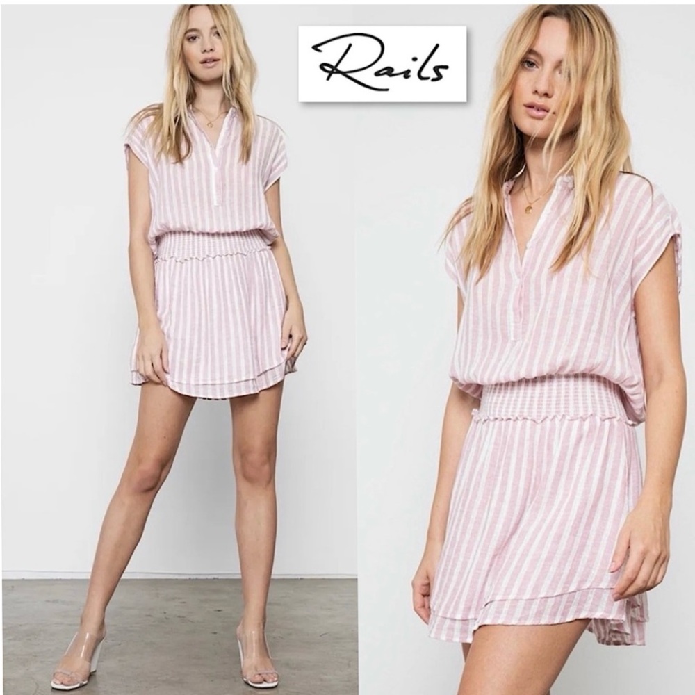 Rails Angelina Striped Smocked Mini Dress in Rose Stripe M Linen Blend Tiered